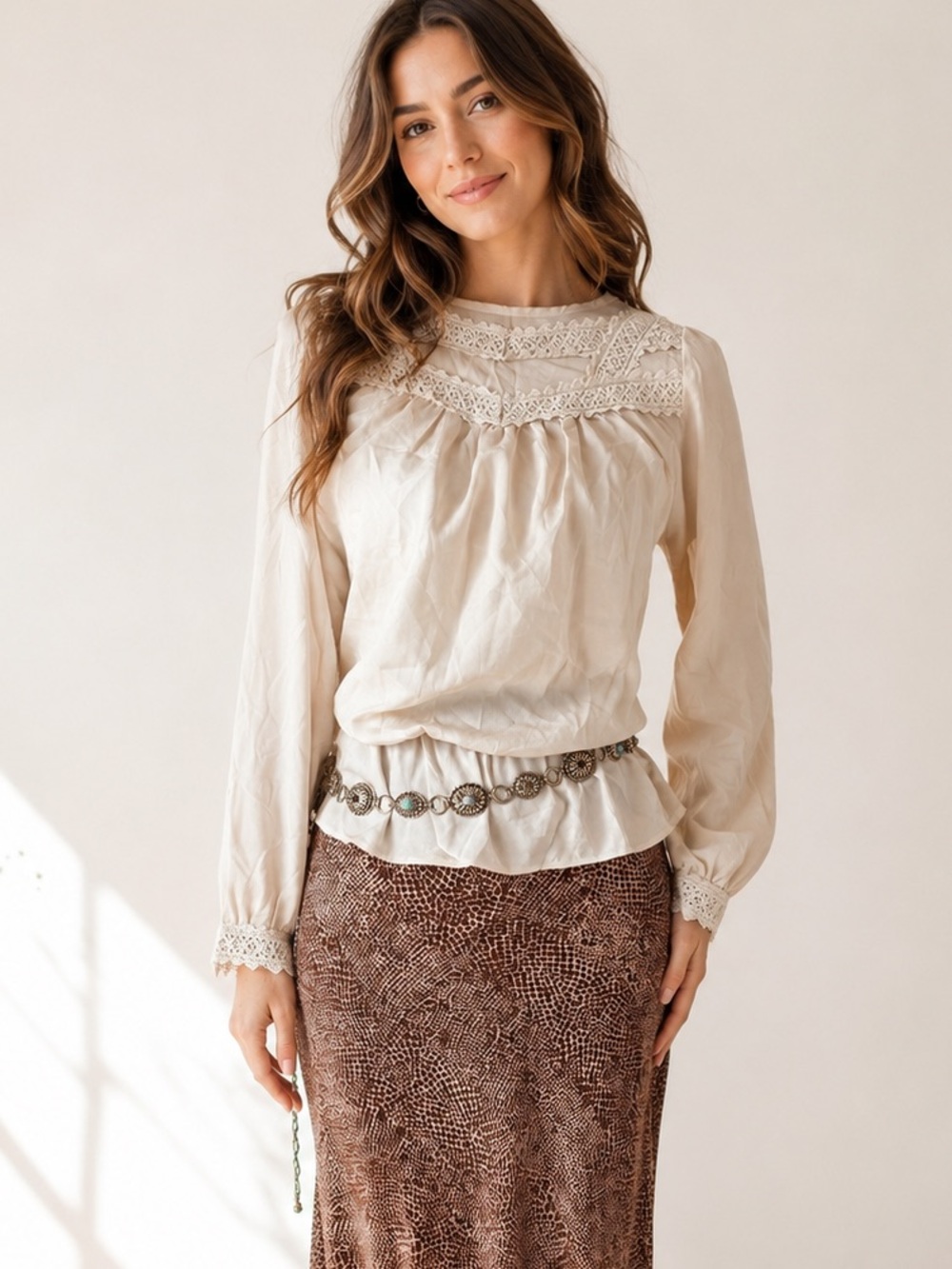 Ichi Boho Peasant Ivory Long Sleeve Crotchet Lace Square Neck Blouse Size XS.